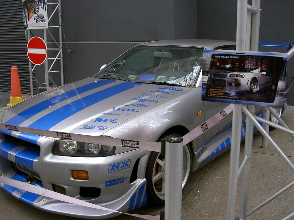 An R34 Skyline GT-R driven by the character Brian O'Conner, portrayed by Paul Walker in the film 2 Fast 2 Furious - source: wikipedia