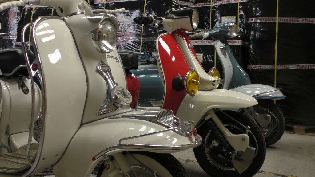 From left to right: Lambretta Series 1 LI, Lambretta SX225/TT225 & Lambretta MK 2 LD lined up in our warehouse.