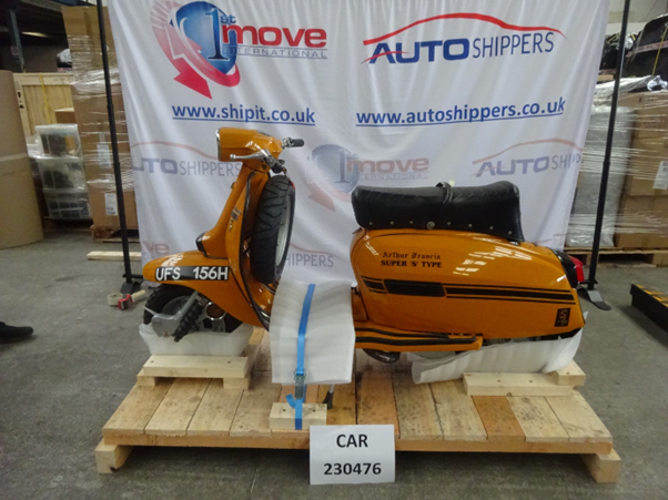 A 1974 Lambretta GP200 during the crating process at Autoshippers warehouse before being shipped to the USA as part of a Full Container Load