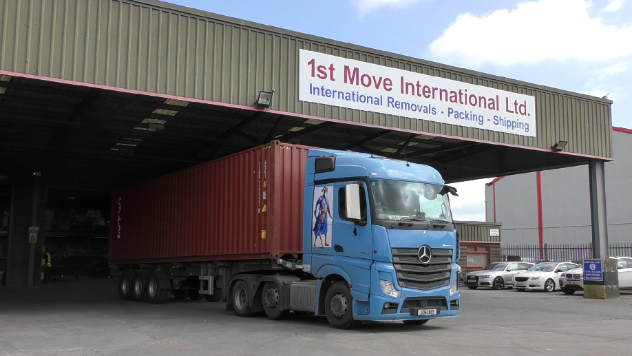 HGV carrying a 40ft container, parked outside of the 1st Move International / Autoshippers warehouse