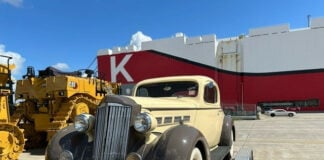 1937 Packard 120C Sport Coupe on arrival at the port in Brunswick, UK before loading and shipping to America