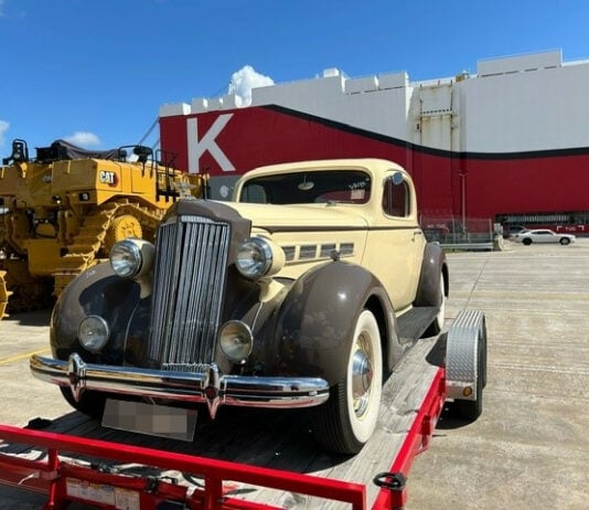 1937 Packard 120C Sport Coupe on arrival at the port in Brunswick, UK before loading and shipping to America