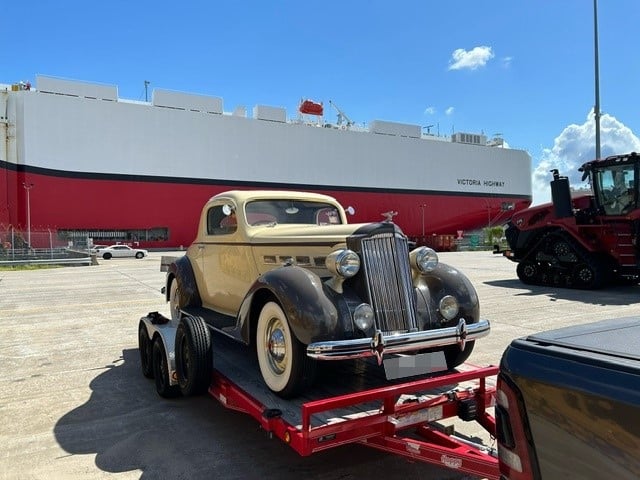 1937 Packard 120C Sport Coupe on arrival at the port in Brunswick, UK before loading and shipping to America