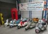 9 Classic Lambretta and Vespa Scooters waiting for packing in their bespoke, made to measure crates at Autoshippers warehouse before shipping to the USA