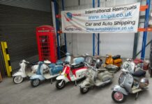 9 Classic Lambretta and Vespa Scooters waiting for packing in their bespoke, made to measure crates at Autoshippers warehouse before shipping to the USA