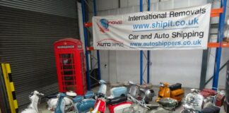 9 Classic Lambretta and Vespa Scooters waiting for packing in their bespoke, made to measure crates at Autoshippers warehouse before shipping to the USA